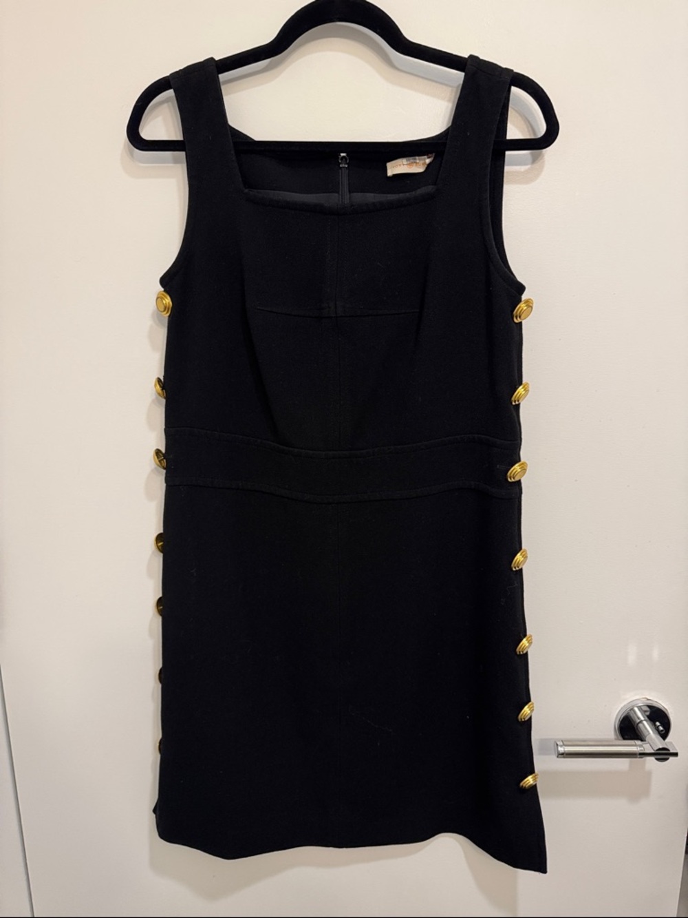 Tory Burch Millie Side-Button Shift Dress in black with gold buttons